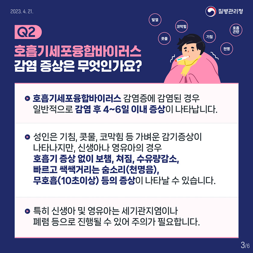 Q2 호흡기세포융합바이러스 감염 증상은 무엇인가요? 호흡기세포융합바이러스 감염증에 감염된 경우 일반적으로 감염 후 4~6일 이내 증상이 나타납니다. 성인은 기침, 콧물, 코막힘 등 가벼운 감기증상이 나타나지만, 신생아나 영유아의 경우 호흡기 증상 없이 보챔, 쳐짐, 수유량감소, 빠르고 쌕쌕거리는 숨소리(천명음), 무호흡(10초이상) 등의 증상이 나타날 수 있습니다. 특히 신생아 및 영유아는 세기관지염이나 폐렴 등으로 진행될 수 있어 주의가 필요합니다.